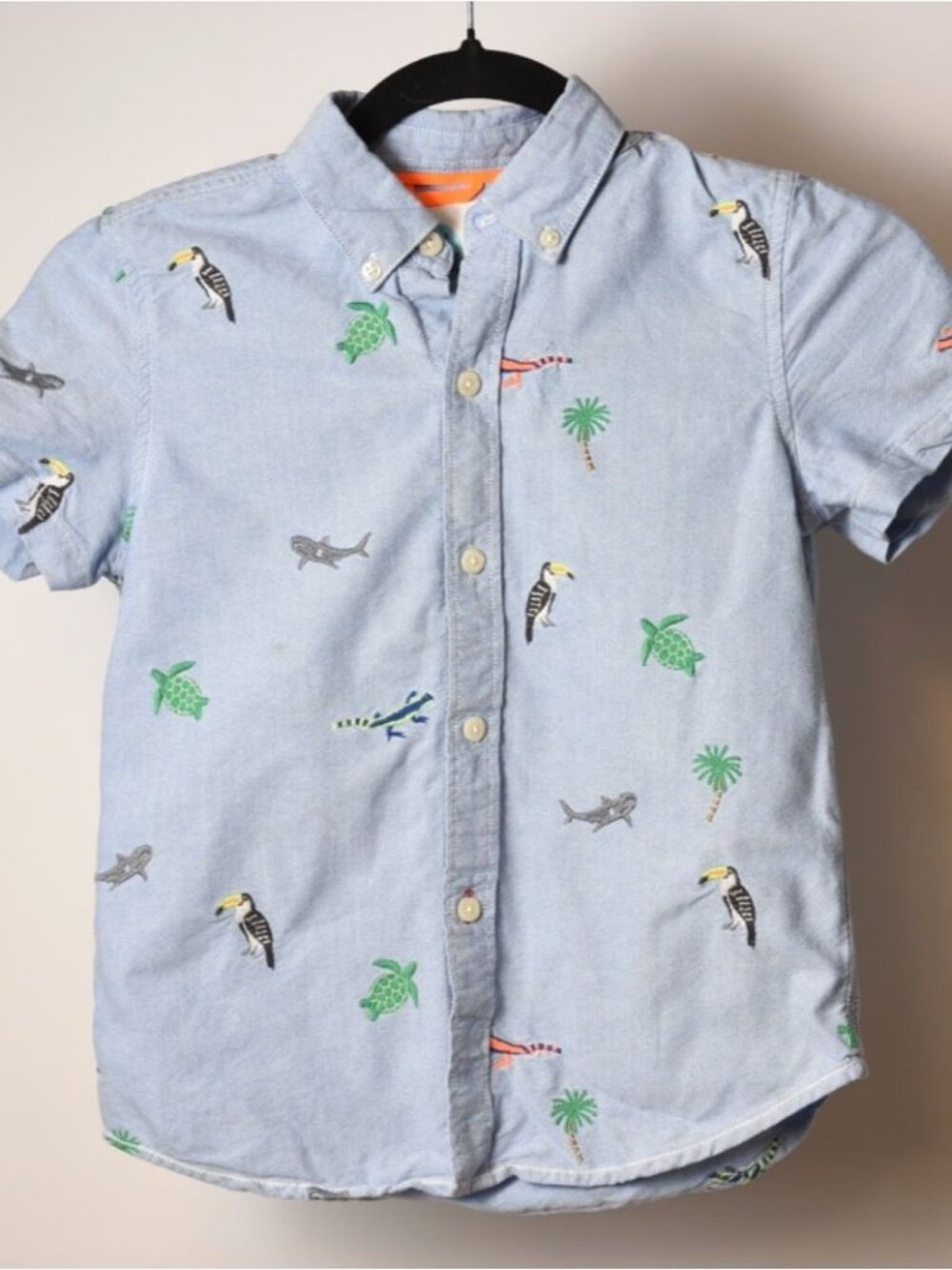 Mini Boden Short Sleeve Button Down Shirt Blue Size 7-8 Tropical 100% Cotton